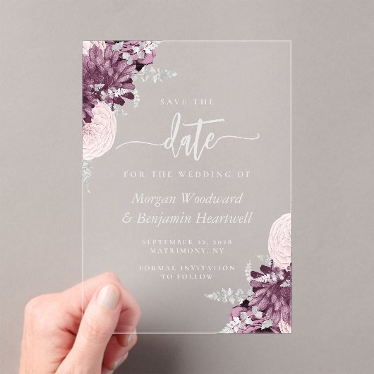 Mauve Silver Floral Wedding Save the Date アクリル招待状 (インサイチュ (ポータブル))