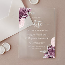 Mauve Silver Floral Wedding Save the Date アクリル招待状
