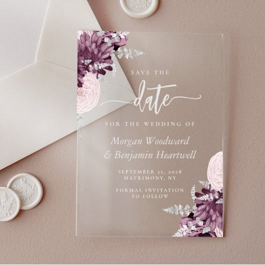 Mauve Silver Floral Wedding Save the Date アクリル招待状