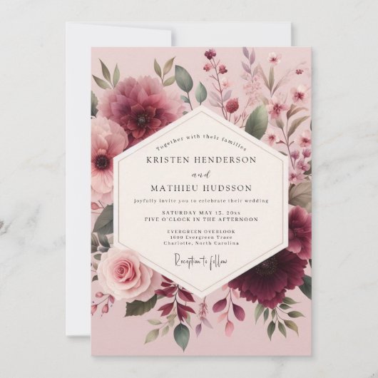 Mauve Watercolor Bloom Wedding 招待状 (正面)