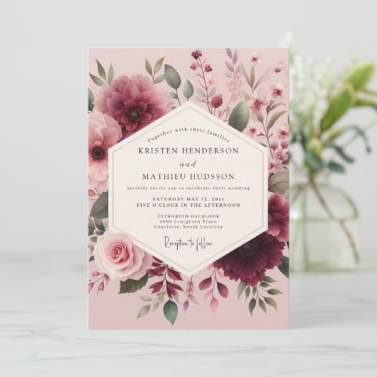 Mauve Watercolor Bloom Wedding 招待状 (スタンド正面)