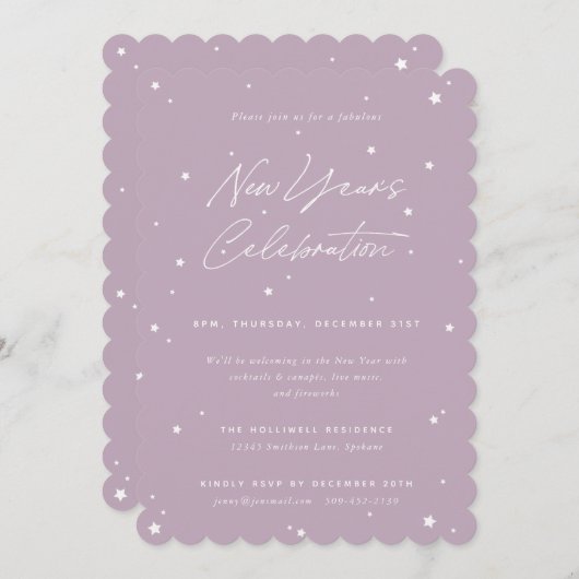 Mauve+Whiteスクリプト星星元年始のパーティー 招待状 (正面/裏面)