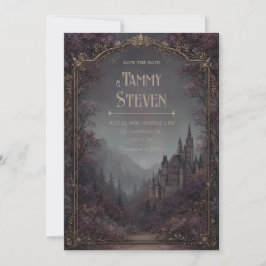 Mauve Woodland Gothic Castle Gold Border Wedding 招待状