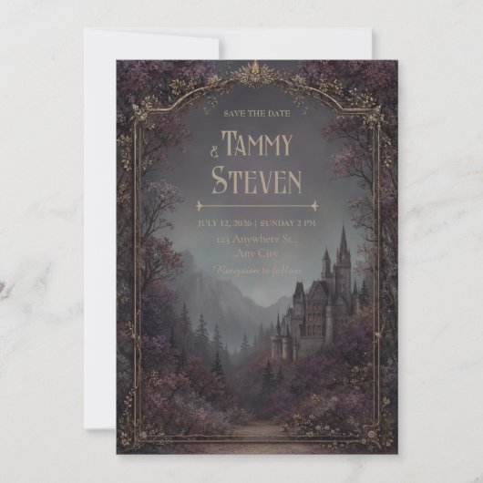 Mauve Woodland Gothic Castle Gold Border Wedding 招待状 (正面)