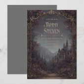 Mauve Woodland Gothic Castle Gold Border Wedding 招待状 (正面/裏面)