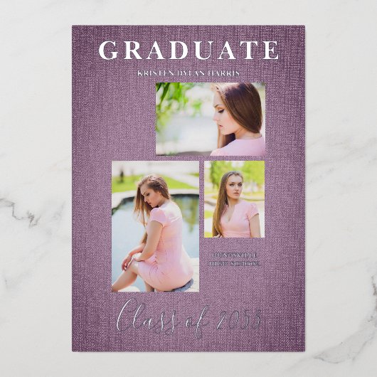 Mave 3枚の写真でコラージュの卒業織物効果 箔招待状 (正面)