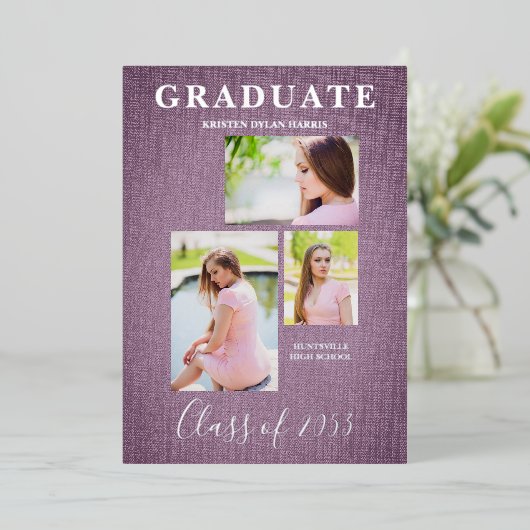 Mave 3枚の写真でコラージュの卒業織物効果 箔招待状 (立ち正面)