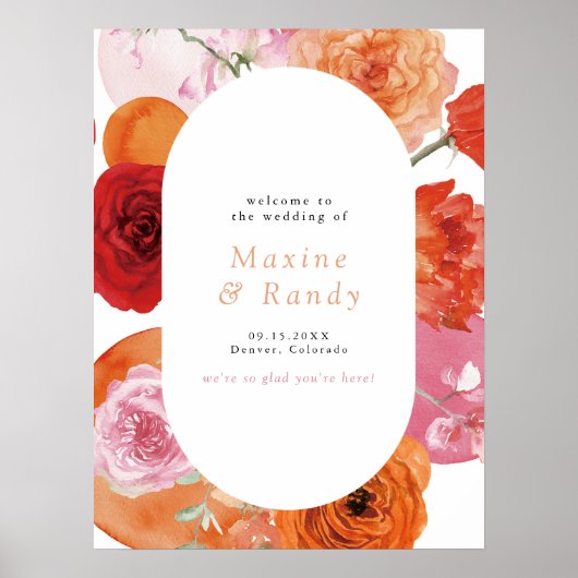 MAXはっきりした明るい赤紫色とオレンジ色のフローラ結婚の歓迎 ポスター (正面)