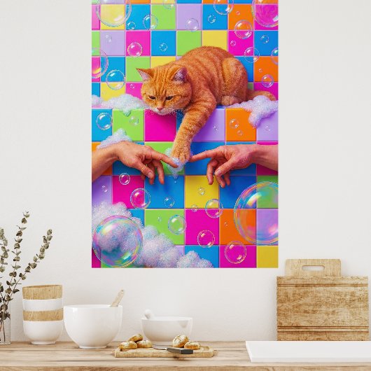Maximalist Bathroom Wall Art, Orange Tabby Cat ポスター (キッチン)