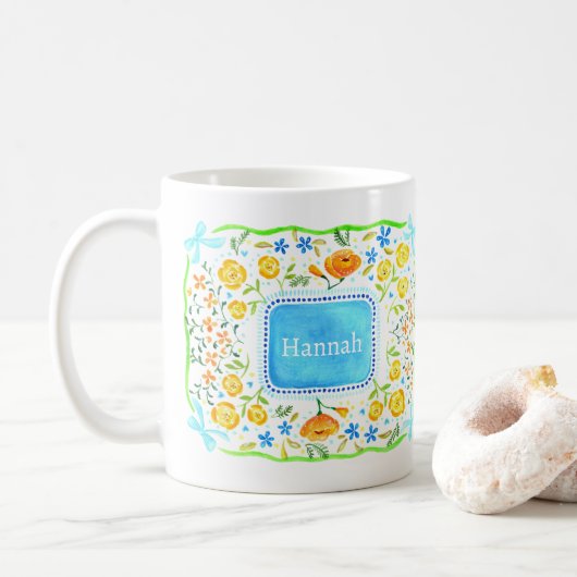 Maximalist Fresh Floral Personalized with name  コーヒーマグカップ (ドーナツ)