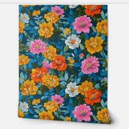 Maximalist Orange and Pink Floral on Blue 壁紙