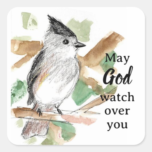 May God Watch Over You Titmouse Bird スクエアシール (正面)