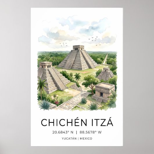 Mayan Travel Art Print, Chichen Itza Pyramid, Palm ポスター (正面)