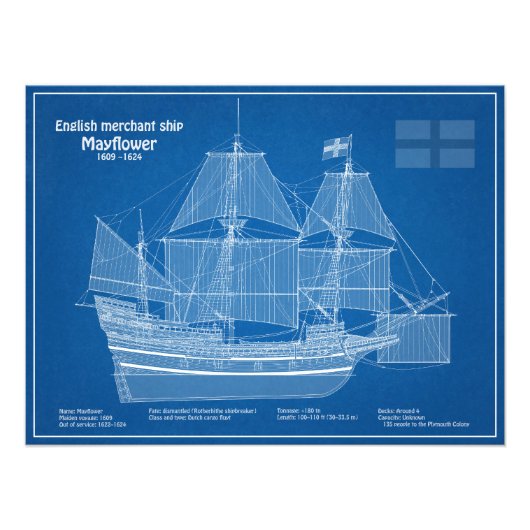 Mayflower - Ship Blueprint Plans ABD フォトプリント (正面)
