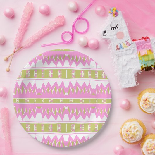 Mazipoodles Afrofuturistパターンピンクホワイトグリーン ペーパープレート (パーティー)