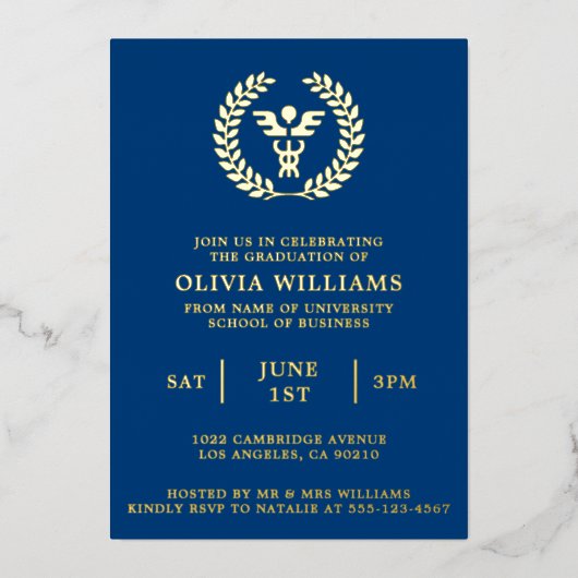 MBAビジネス大学院ネイビー金ゴールド卒業会 箔招待状 (正面)
