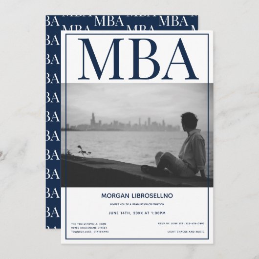 MBA degree White Blue Photo Graduation Party 招待状 (正面/裏面)