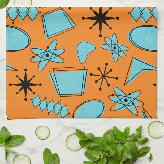 MCMアトミック形状ターコイズオンオレンジ キッチンタオル (折り畳み)
