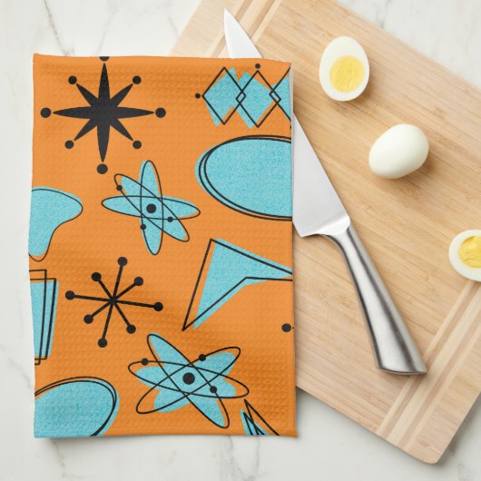MCMアトミック形状ターコイズオンオレンジ キッチンタオル (四つ折り)