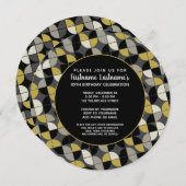 MCMパターン – 黒ファンキーと金ゴールド誕生日パーティー 招待状 (正面/裏面)