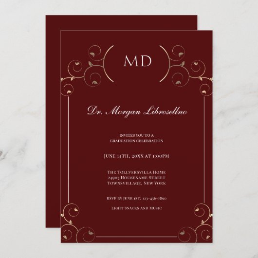 MDエレガント金ゴールドブルゴーニュ卒業 招待状 (正面/裏面)