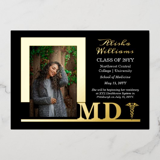 MDエレガント Caduceus写真大学院黒 箔招待状 (正面)