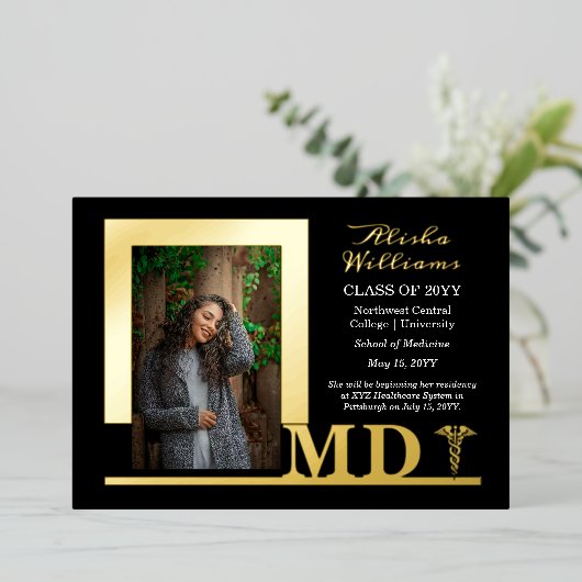 MDエレガント Caduceus写真大学院黒 箔招待状 (立ち正面)
