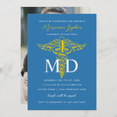 MD医学博士の卒業ブルーと金ゴールド 招待状 (正面/裏面)