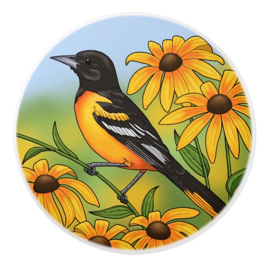 MD州バードオリオールと黒目スーザンフラワー セラミックノブ (正面)