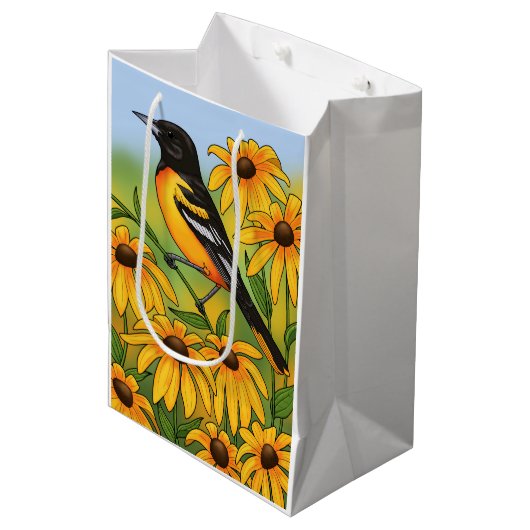 MD州バードオリオールと黒目スーザンフラワー ミディアムペーパーバッグ (正面アングル)