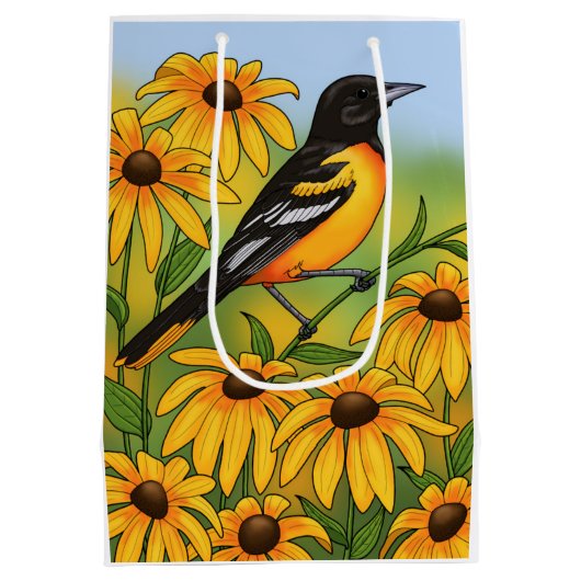MD州バードオリオールと黒目スーザンフラワー ミディアムペーパーバッグ (裏面)
