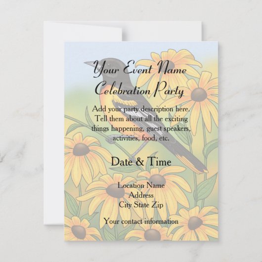 MD州バードオリオールと黒目スーザンフラワー 招待状 (裏面)