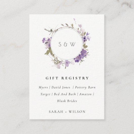 Meadow薄紫フローラ結婚リースのギフトレジストリ エンクロージャーカード (正面)
