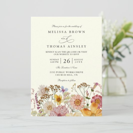 Meadow Bohemian Wildflower Rustic QR Code Wedding 招待状 (スタンド正面)