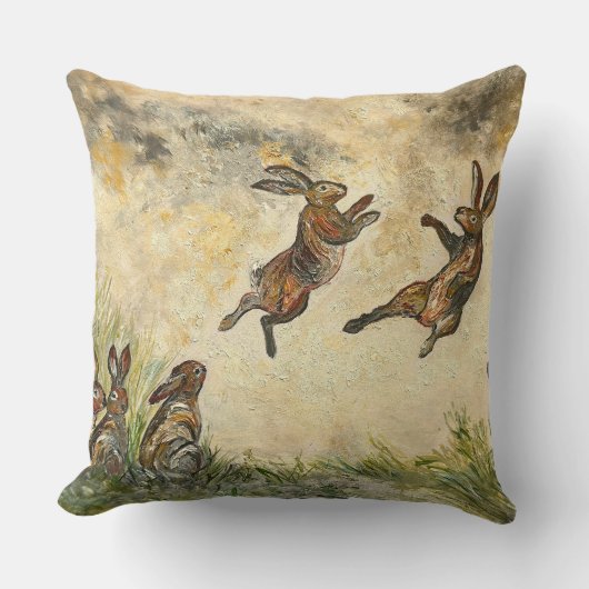 Meadow Matchup Playful Hares in a Meadow  クッション (正面)