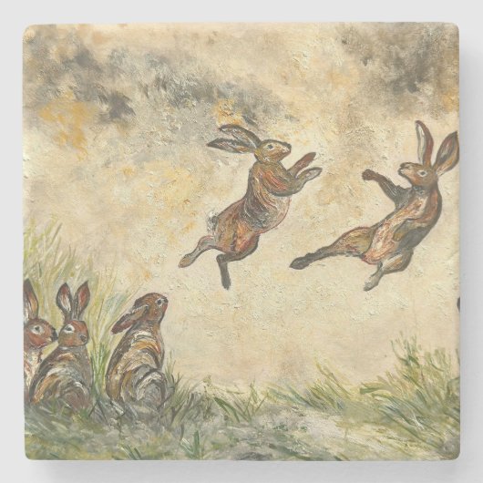 Meadow Matchup Playful Hares in a Meadow ストーンコースター (正面)