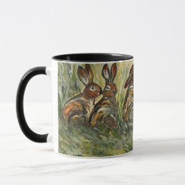 Meadow Matchup Playful Hares in a Meadow Rabbits マグカップ