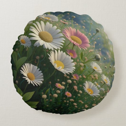 Meadow Whispers:開花のデイジー交響曲 ラウンドクッション (正面)