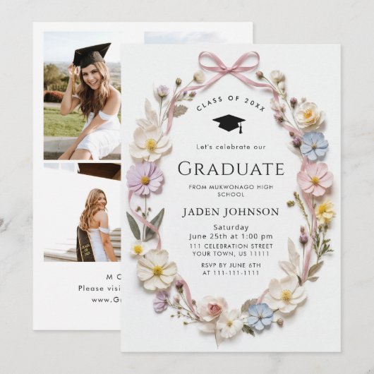 Meadow Wildflower Boho 4 Photo Graduation Party 招待状 (正面/裏面)