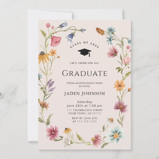 Meadow Wildflower Boho 4 Photo Graduation Party 招待状 (正面)