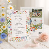Meadow Wildflower QR Code Three Photo Wedding 招待状