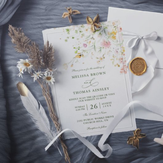 Meadow Wildflowers Boho Budget QR Code Wedding 招待状