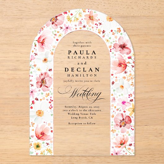 Meadow Wildflowers Elegant Boho Arch Wedding アクリル招待状 (正面)