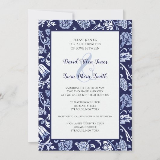 Meadow Wildflowers Indigo Blue Wedding Invitation 招待状 (正面)
