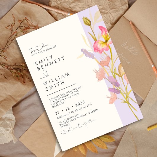 Meadow Wildflowers Modern Boho Rustic Wedding 招待状