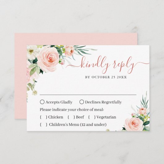 MEAL CHOICEピンクの赤面花緑結婚色 出欠カード (正面/裏面)