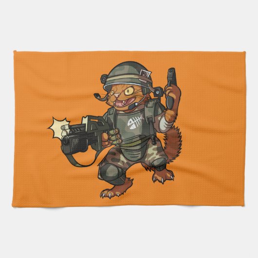 Mean Sci-fi Marine Ginger Cat Firing Gun Cartoon キッチンタオル (横)