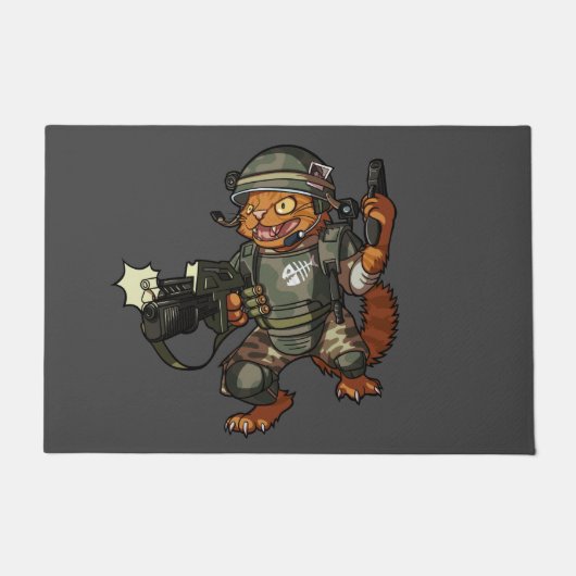 Mean Sci-fi Marine Ginger Cat Firing Gun Cartoon ドアマット (正面)