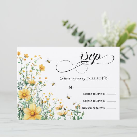 Meant to Bee Rustic Yellow Wedding RSVP 招待状 (スタンド正面)