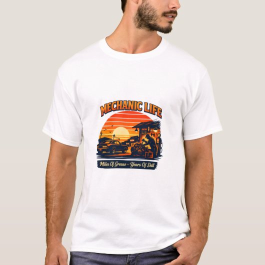 Mechanic Life Retro Sunset Miles Of Grease Tee Tシャツ (正面)